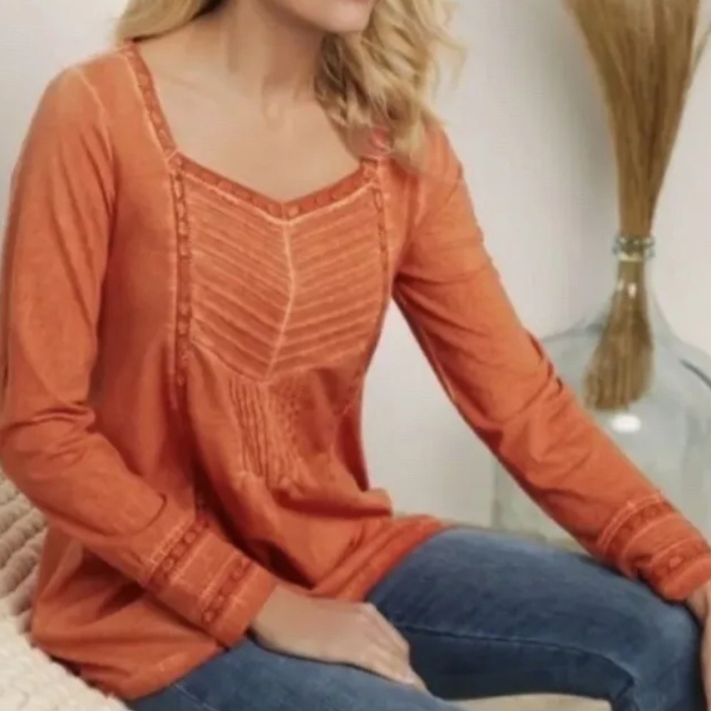 Soft Surroundings Large Burnt Orange Philomena Chevron Longsleeve Tunic Top Boho